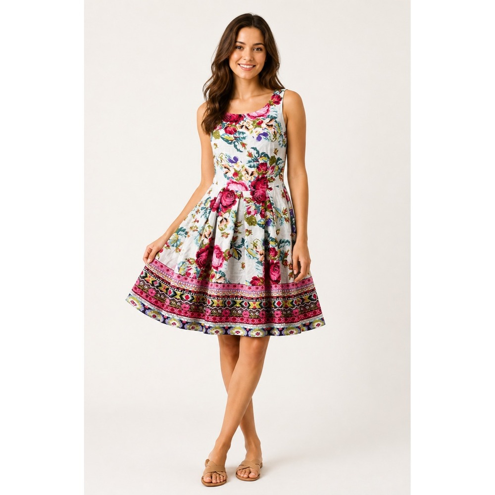 Eva Franco Garden Party Dress Womens 2 White Floral Rayon Lined Side Zip